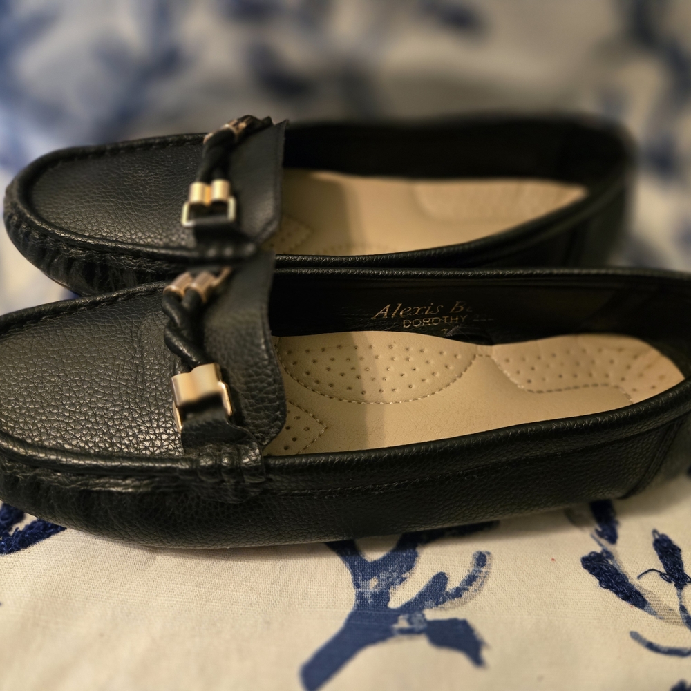 Black Leather Loafers with Gold Accents
